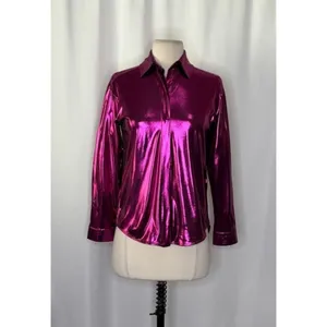 By ANTHROPOLOGIE Magenta Pink Shimmer Shine Lamé Buttondown‎ Top Blouse X-Small thumbnail 2