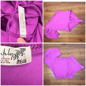 Free People One Shoulder Puff Sleeve L Bodysuit Magenta Ruched Side Stretchy thumbnail 5
