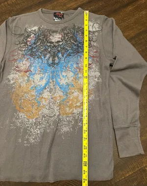 Vintage Miami Ink L/S Thermal Shirt Mens Med Gray Skull Graphic Print Y2K thumbnail 5