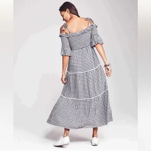 Faherty Sylvie Dress Blue Gingham Smocked Tiered Maxi WDU1931-BGI Womens‎ XS NEW thumbnail 2
