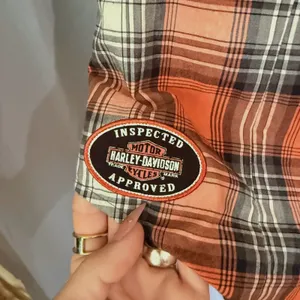 Harley Davidson Plaid Short Slv Snap Button Shirt S Orange Black Biker Western thumbnail 6