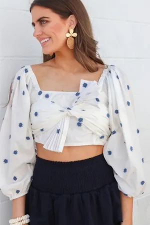 FARM RIO flower embroidered‎ White Crop Top Small thumbnail 1