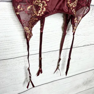 Frederick’s of Hollywood Burgundy Satin & Gold Lace Bustier w/ Garter Straps thumbnail 5