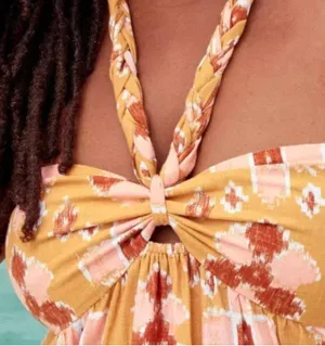 NEW Aerie Braided Halter Hi-lo Midi Maxi Dress Mustard Yellow thumbnail 3
