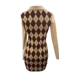 Women's Brown Argyle Collared V Neck Long sleeve Mini Bodycon Sweater Dress Sz S thumbnail 3