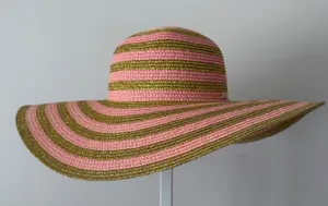 Juicy Couture‎ OS Pink Gold Stripe Straw Sun Hat Wide Brim Metallic Logo Beach thumbnail 1