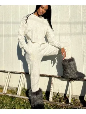 Alo Cable Knit Winter Bliss Pants Ivory High-Rise Waist Chunky Sweater Joggers S thumbnail 11