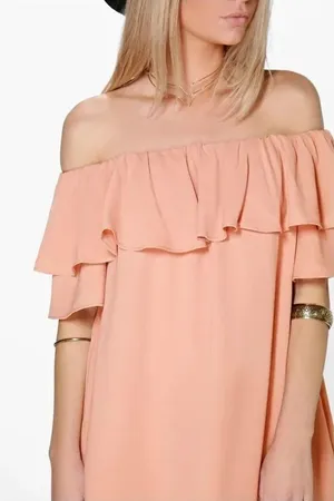 ✨Pink Off The Shoulder Ruffle Dress✨ Orange Size M thumbnail 1