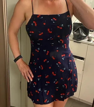 Y2k cherry fruit print mini dress navy blue summer sundress XS thumbnail 1