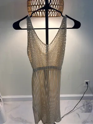 Boho Crochet Swim Cover-Up Dress in Beige thumbnail 4
