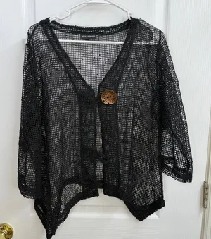 Nina Leonard black loose crocheted net drapey button‎ cropped sleeve cardigan L thumbnail 1