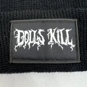 Dolls Kill Knit‎ Beanie Hat Black Goth Punk Lolita Death Metal Spell Out Patch thumbnail 3