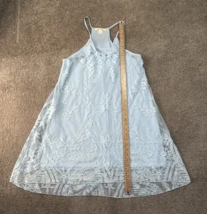 Miami| Sky blue baby doll dress w/ lace overlay. Spaghetti straps w/ razorback thumbnail 11