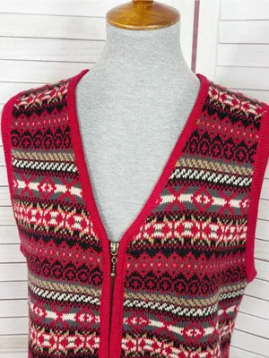 Vintage Requirements Fair Isle V Neck Zip‎ Up Sweater Vest Red Multi Medium thumbnail 5