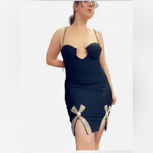 Deep plunge rhinestone mini dress Black thumbnail 3