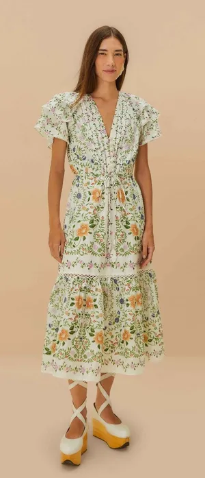 Farm Rio Folk Floral Off White Midi Dress thumbnail 1