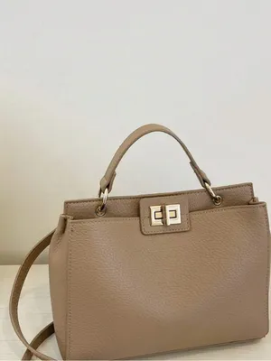 Twist lock Taupe tan Top-Handle Satchel Bag with crossbody faux leather thumbnail 8