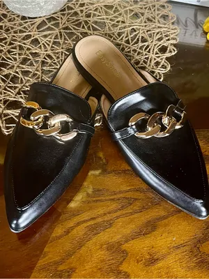 EasySmile Black Pointed Toe Mule Loafers Gold Chain Women’s Size 8 thumbnail 6