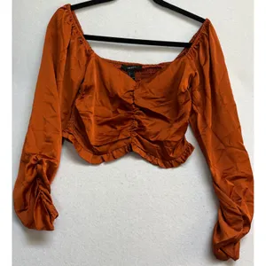 Forever 21 Rust Orange Satin Ruched Smocked Back Long Sleeve Crop Top Small thumbnail 2