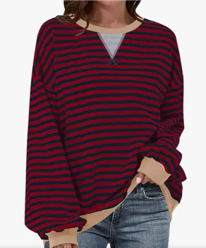 Striped Oversized Crewneck Sweatshirt - Red & Navy Size Large thumbnail 1
