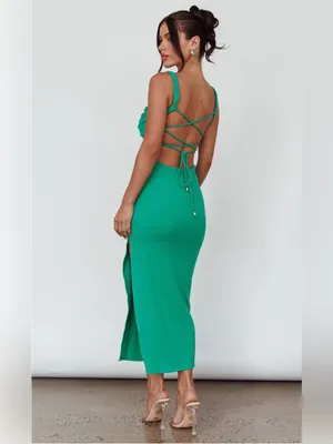 NWT Selfie Leslie Green Square-Neck Ribbed Midi Dress with Side Slit thumbnail 2
