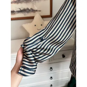 Love Culture coastal nautical Striped Satin Blouse Navy Cream Roll Tab Sleeve Button Up thumbnail 5