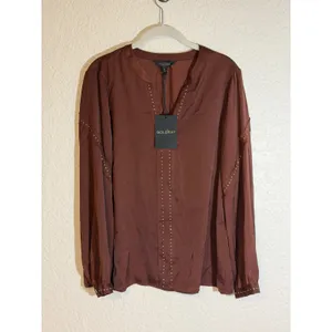 Goldray Studded V-Neck Blouse Brown M Womens Long Sleeve Satin Top NEW thumbnail 6