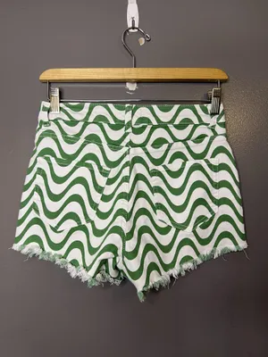 Altar'd State Denim Shorts Womens Small Green Wave Stripe Cutoff Fringe thumbnail 2