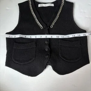 Zara 100% wool chain link neckline knit waist coat vest black XS thumbnail 8