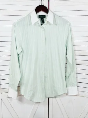 Lauren Ralph Lauren Pinstripe Button Up‎ Shirt Green White Size 6 Preppy Oxford thumbnail 7