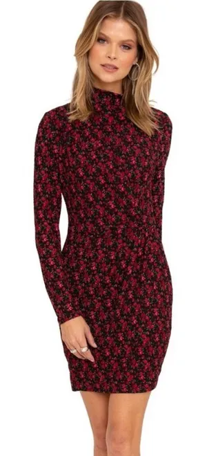 RTR Black Halo Briar Long‎ Sleeve Black & Red Rose Floral Print Mini Dress Sz 6 thumbnail 1