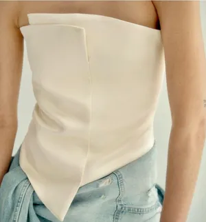 ZARA ivory white satin asymmetrical wrap zipper back strapless tube top thumbnail 1