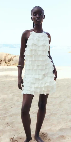 Zara ivory ecru mini dress halter ruffle Bohemian summer vacation evening casual thumbnail 7