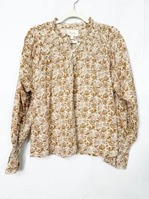Cleobella Reza Blouse Peasant Tamil Block Print Floral Cotton Boho Brown Ivory thumbnail 2