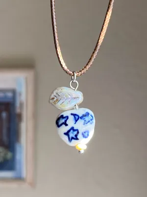 Handmade celestial porcelain heart bead & Czech leaf unique boho fairy whimsical necklace🌙🌀🌟 thumbnail 5