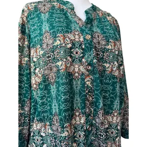 Green, Cream & Brown Long Sleeve Relaxed Fit Lightweight Button Front Blouse thumbnail 6