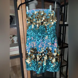 Mermaid core sequin dress mini bodycon strapless discs metallic shiny iridescent thumbnail 3