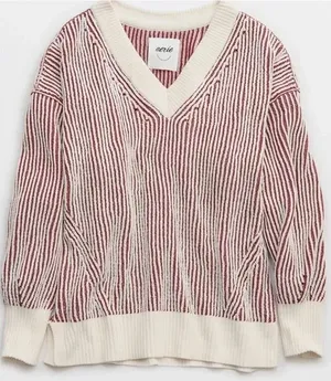 Aerie Red and Cream Beyond Chenille Chunky Knit V Neck Sweater‎ thumbnail 1