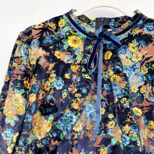 NWT Dalia MacPhee Womens Blue Floral Velvet‎ Boho Romantic Bell Sleeve Dress L thumbnail 2