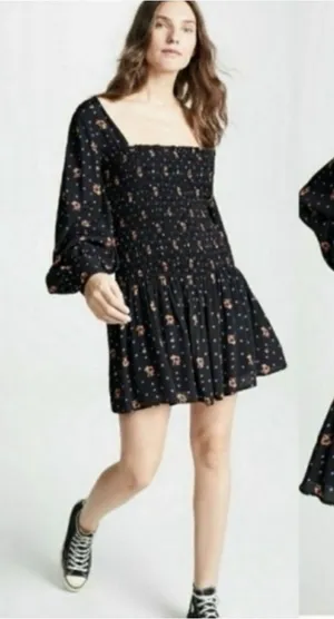 Free People-M Floral Long Sleeve Smocked Mini Dress Romantic Boho-Chic Babydoll‎ thumbnail 1