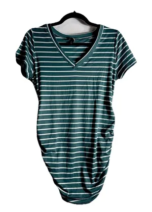 Full Moon Maternity Shirt Women's Medium Green Striped Gathered Sides for Baby thumbnail 1