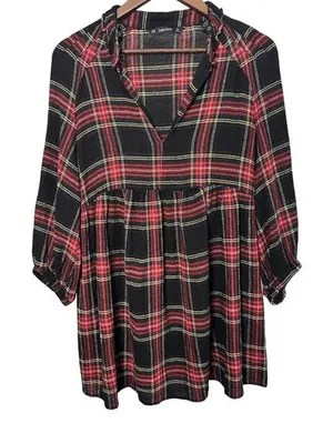 Zara Basic Women Small Red Black Plaid Ruffle V-Neck Babydoll Tunic Dress‎ thumbnail 1