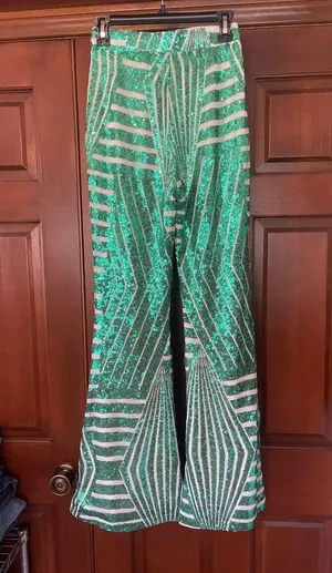 Sequin print elastic waist pole on bellbottoms pants size medium thumbnail 2
