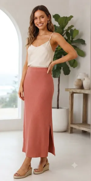 SHEIN Dusty Rose Ribbed Maxi Skirt with Side Slit thumbnail 1