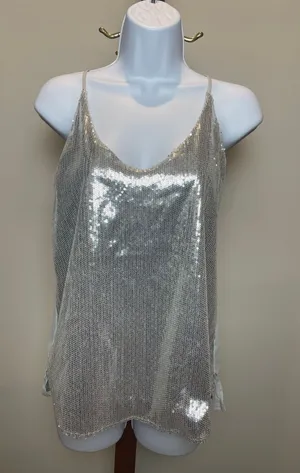 Shinestar Top Silver Sequin Spaghetti Strap V Neck Loose Fit Size M thumbnail 1
