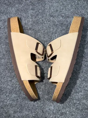 Cushionare Women’s Double-Buckle Leather Slide Sandals in Beige thumbnail 3
