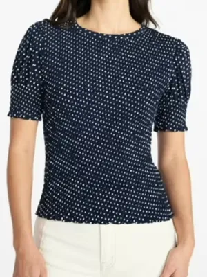 Time and Tru Women’s Size XS 0-2 Smocked Top Short Puff Sleeves Navy Blue White thumbnail 1