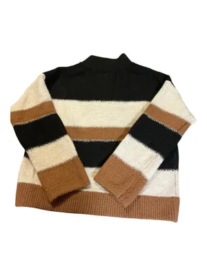 Universal Threads women’s mock-neck (or turtleneck) knit pullover sweater featuring wide color-block/striped horizontal panels in black, off-white/cream, and rust brown. thumbnail 2
