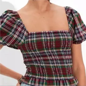 American Eagle Womens Plaid Square Neck Smocked Crop Top Small Holiday‎ Heritage thumbnail 1