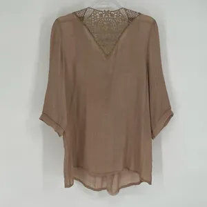 MAD STYLE Womens Boho Blouse Large Brown Crochet Lace Sheer Peasant Top Festival thumbnail 6